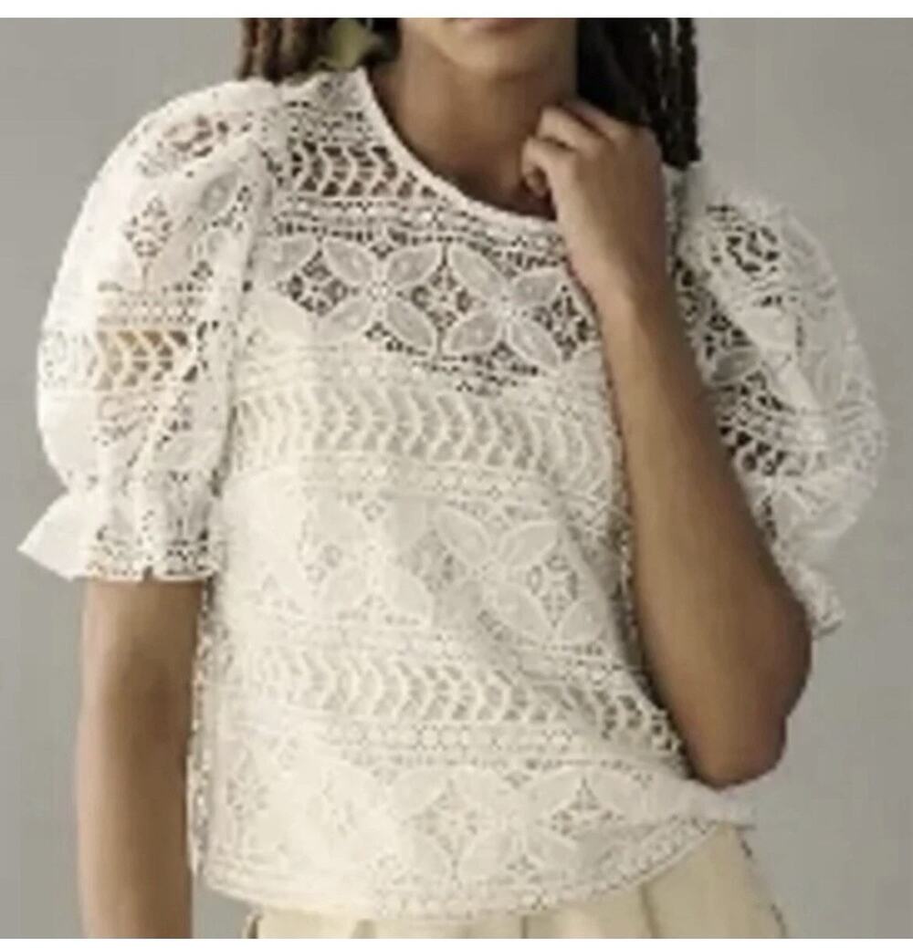 Dolan Anthropologie Lace Top Women's Large Ivory Puff Sleeve Bow Back Lined